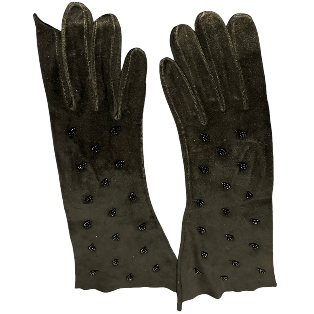 Vintage suede evening gloves with beading in black. Size 7. Gently worn.
